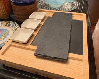 Bamboo and Slate Charcuterie Serving Board Set with Ceramic Bowls