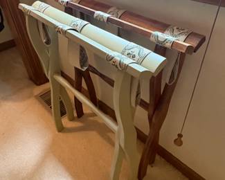 Vintage Folding Wooden Luggage Racks with Floral Tapestry Straps