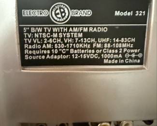 Electro Brand Model 321 Portable B/W TV and Radio