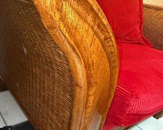 Rattan Armchair and Ottoman Set with Red Corduroy Upholstery