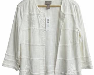 Chico's White Textured Embroidered Open Jacket