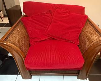 Rattan Armchair and Ottoman Set with Red Corduroy Upholstery