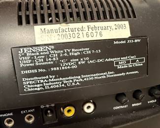 Jensen J53-BW 5-Inch Black and White TV Receiver