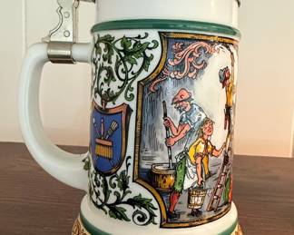 BMF Bierseidel Milk Glass Beer Stein with Pewter Lid