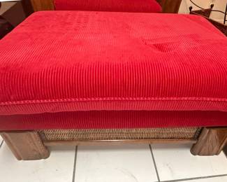 Rattan Armchair and Ottoman Set with Red Corduroy Upholstery