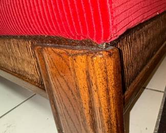 Rattan Armchair and Ottoman Set with Red Corduroy Upholstery