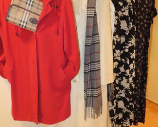 Silk dresses and Burberry raincoat and clutch.
