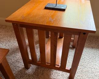 Mission Style Oak Coffee Table and End Tables with Decorative Sun Sculptures