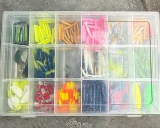 Assorted Soft Plastic Fishing Lure Collection in Tackle Box