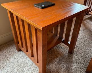 Mission Style Oak Coffee Table and End Tables with Decorative Sun Sculptures