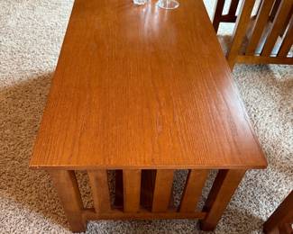 Mission Style Oak Coffee Table and End Tables with Decorative Sun Sculptures