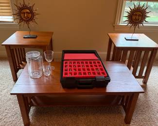 Mission Style Oak Coffee Table and End Tables with Decorative Sun Sculptures