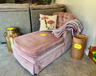 vintage Chaise lounge, A Brass and copper milk can churn, and a Robinson Ransbottom #158 Umbrella stand