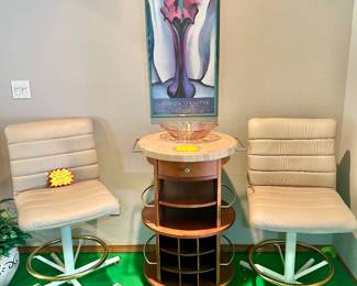 Vintage Utility Cart or Rolling Bar Cart and two Mid-Century Modern Bar Stools