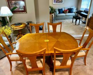 Post Modern Double Pedestal Table with 6 chairs, table pads, and 3 table leafs