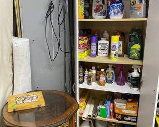 Antique table, cleaning supplies
