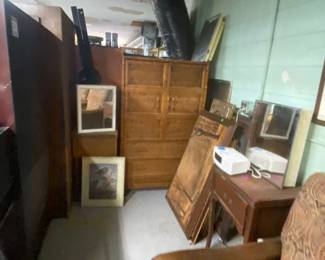 Hollywood Regency cabinet, bark, lounger style recliner, chair, sewing machine, tables, artwork