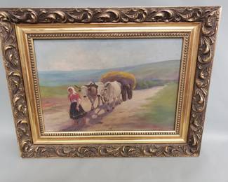 146 Lot 562 Antique signed oil on board in carved wood gilt