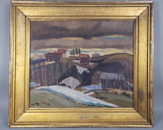 156 Lot 198 Signed Modernist style oil on panel landscape