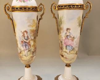 057 Lot 296 Pair of antique handpainted porcelain urns