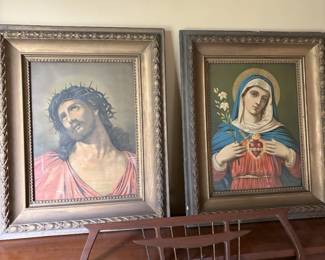 1940s "Ecce Homo" Christ & "Immaculate Heart" Mary Ornate Gesso Framed Devotional Print