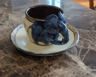 Artisan Ceramic Elephant Handle Cup and Saucer Set