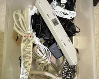 Assorted Electronics Cables, Power Adapters, and Power Strip Bin
