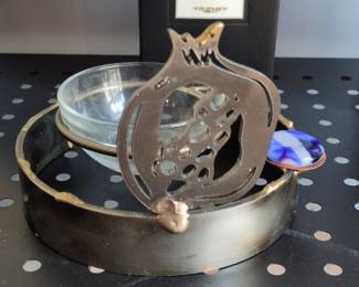 Artisan Metal Pomegranate Decorative Bowl with Glass Insert and Blue Swirl Accent