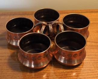 Vintage Set of 5 Embossed Copper Cups with Ornate Handles