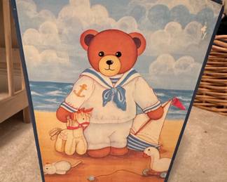 Vintage Hand-Painted Wooden Teddy Bear Sailor Wastebasket