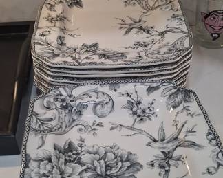 222 Fifth Adelaide Black Floral and Bird Transferware Dinnerware Set