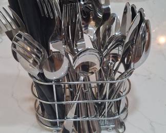 Gibson Home 16-Piece Stainless Steel Flatware Set with Black Handles and Wire Caddy