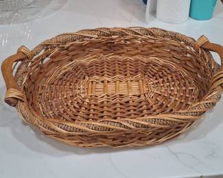 Vintage Oval Wicker Serving Tray with Twisted Rope Edge and Wooden Handles