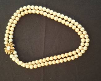 Vintage Double Strand Faux Pearl Necklace with Gold-Tone Floral Clasp