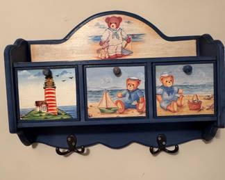 Vintage Nautical Teddy Bear Wall Organizer with Drawers and Hooks