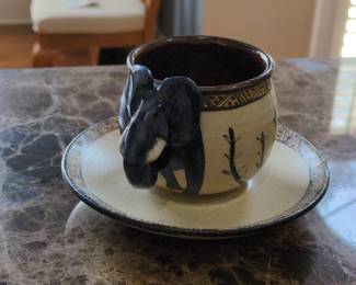 Studio Pottery Elephant Handle Cup and Saucer