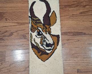 Vintage Pronghorn Antelope Latch Hook Wall Hanging with Wooden Dowel and Fringe