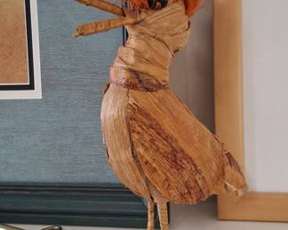 Vintage Raffia Bird Figurine with Orange Crest