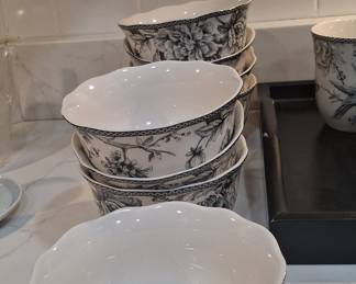 222 Fifth Adelaide Black Floral and Bird Transferware Dinnerware Set