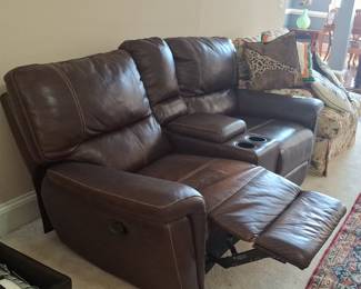 Brown Leather Dual Power Reclining Loveseat with Center Console and Cup Holders