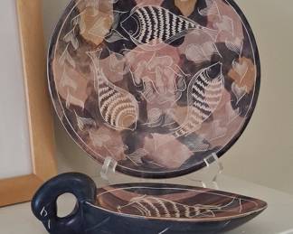 Vintage Kisii Soapstone Decorative Plate and Swan Dish with Fish Motif