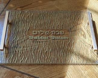 Shabbat Shalom Acrylic Serving Tray with Metallic Handles