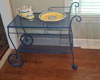Vintage Turquoise Blue Wrought Iron Bar Cart
