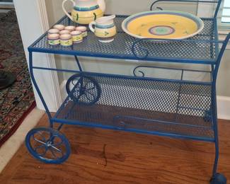 Vintage Blue Metal Mesh Serving Cart