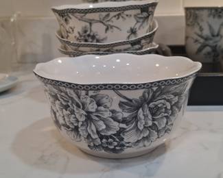 222 Fifth Adelaide Black Floral and Bird Transferware Dinnerware Set