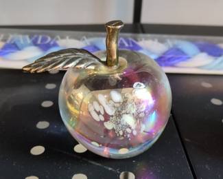 Vintage Iridescent Art Glass Apple Paperweight with Brass Stem and Leaf