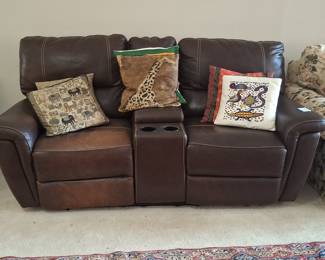 Brown Leather Dual Power Reclining Loveseat with Center Console and Cup Holders