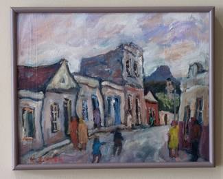 Kenneth Baker (South African, 1931–1995) Town Street Scene Oil on Board Painting, Framed