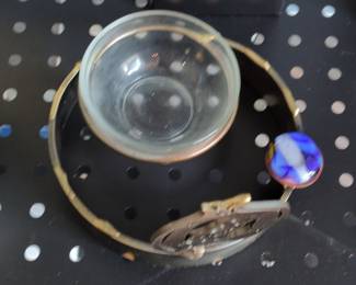 Artisan Metal Pomegranate Decorative Bowl with Glass Insert and Blue Swirl Accent