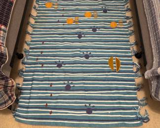 Blue and White Striped Decorative Accent Rug with Paw Print Motifs